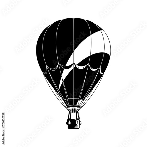 Black hot air balloon silhouette isolated on white background