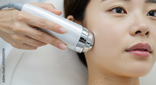 A Korean woman lying on a dermatology bed receiving skin care using a beauty device.