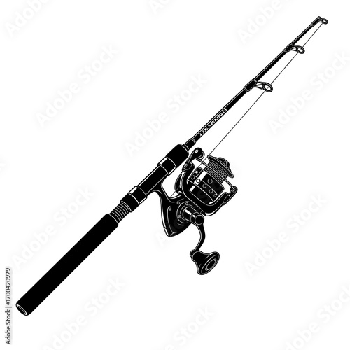 Fishing rod and reel silhouette isolated on white background