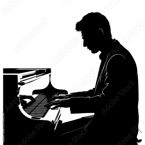 Man playing piano silhouette isolated on white background