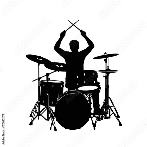 Drummer silhouette playing drums isolated on white background