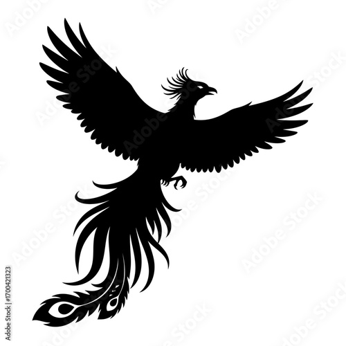 Black phoenix bird silhouette isolated on white background