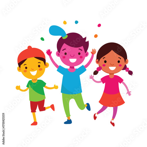 Three Diverse Cartoon Children Jumping and Celebrating