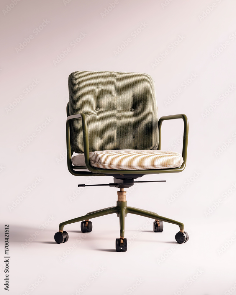 Obraz premium Modern green office chair with wheels and beige cushion, minimalist studio background, ergonomic workspace furniture 