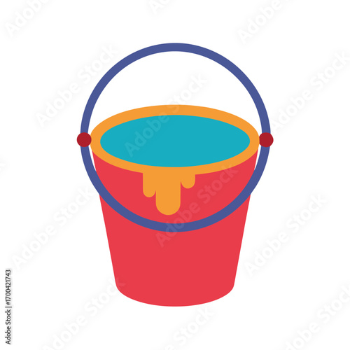 Red Paint Bucket With Blue Paint and Orange Drips painting