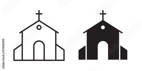 Church icon. Church building icon. Chapel symbols. Church silhouettes. Vector illustration with stroke and fill on a white background.