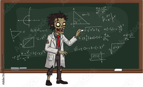Zombie professor teaching math on chalkboard, undead teacher, creepy scientist, horror classroom, spooky math lesson, undead scholar illustration