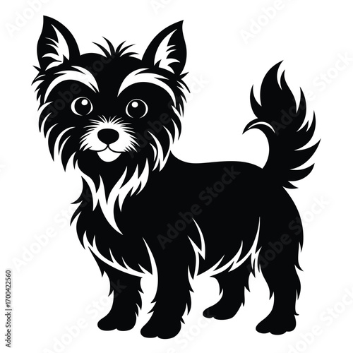Stylized black silhouette of a furry Yorkshire Terrier puppy with playful expression