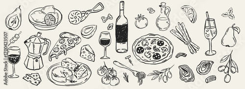 Italian food pasta doodle sketch vector with wine and spaghetti icon for dinner in Italy, perfect for restaurant party kitchen menu illustration or rustic culinary design.