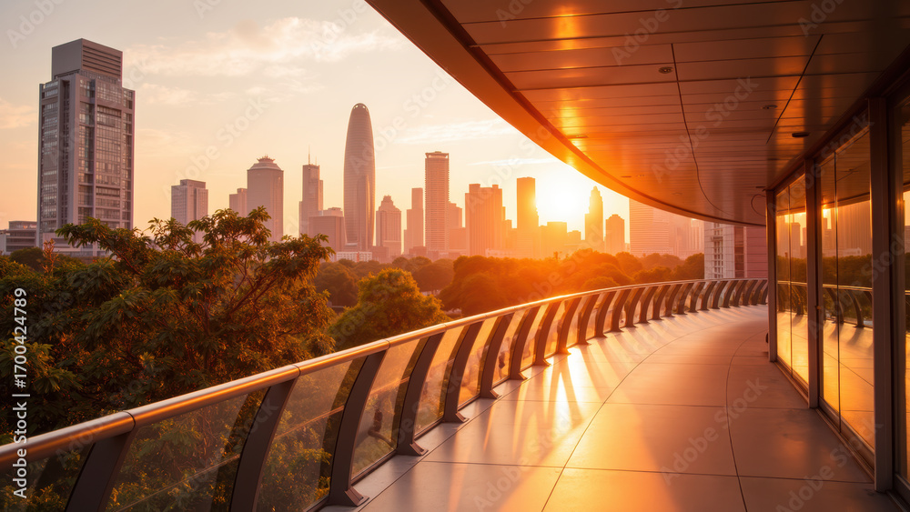Fototapeta premium Stunning sunset view over modern city skyline, showcasing tall buildings and curved balcony. warm light creates serene atmosphere