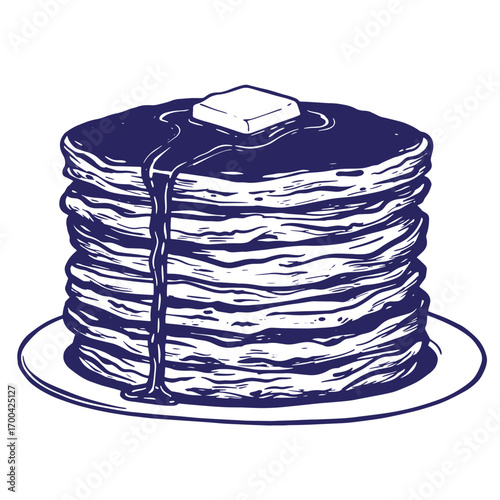 A stack of delicious fluffy pancakes served on a plate with butter and syrup
