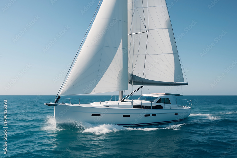 Fototapeta premium Luxury white sailing yacht cruising ocean waves under clear blue sky with full sails open smoothly