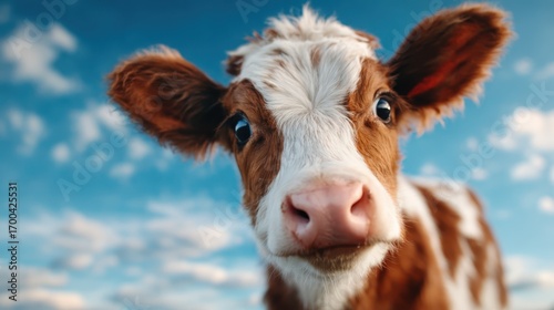 A close-up of a curious calf looking directly at the camera against a backdrop of bright blue sky, capturing the innocence and charm of farm life and animal companionship.