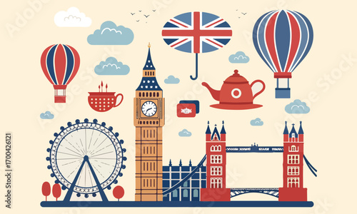 London Icons Clipart And  Red Bus, Big Ben, Phone Booth, Crown Union Jack Illustrations