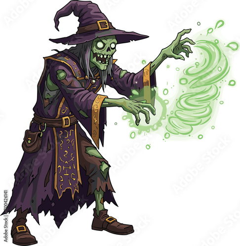 Zombie witch casting green magic spell, scary undead sorcerer with tattered robe and pointed hat, mystical Halloween character with glowing powers
