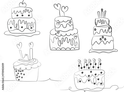A cute cartoon set of celebration cakes, cupcakes, and muffins with sweet chocolate and cherry illustrations perfect for a birthday party