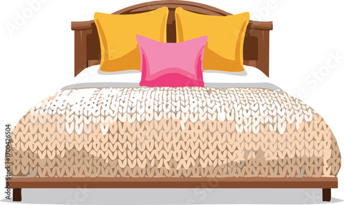 Cozy bed with knitted blanket and decorative pillows bedroom comfort