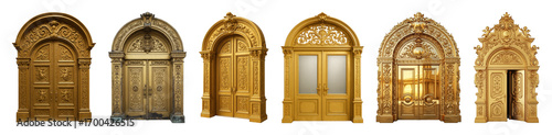 Ornate gold door set including grand, antique, elegant, carved, and arched styles isolated. Luxury entrance and architectural elements.