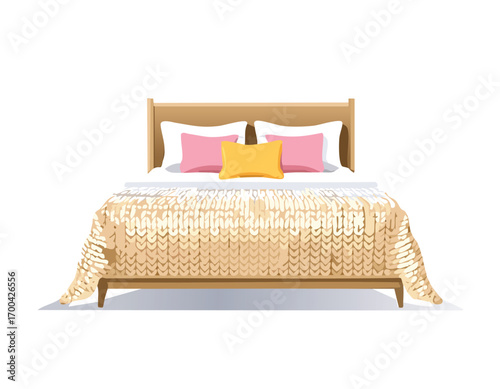 Wooden bed with knitted blanket and pillows wooden frame pink