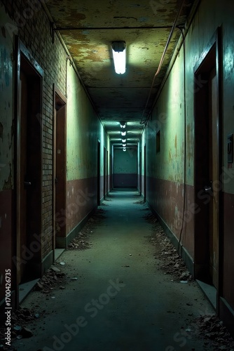 A dimly lit, grungy hallway, characterized by peeling paint, exposed brick, and a sense of decay; perfect for evoking themes of urban decay, mystery, and forgotten spaces , floor, wallpaper