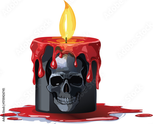 Burning candle with skull and dripping red wax flame