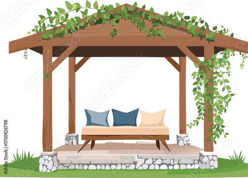 Wooden gazebo with green vines and outdoor seating wooden structure cushions