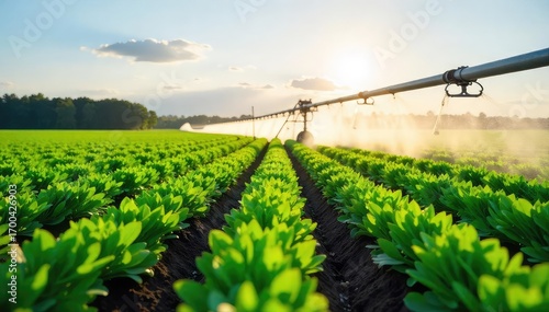 A farmer's field is being irrigated by a center pivot irrigation system on a sunny day  The lush green crops are thriving under the water spray , sprinkler, agriculture technology, environment