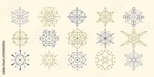 A set of elegant monochrome snowflakes in a minimalist style. Various geometric symmetrical shapes and patterns. Suitable for winter cards, packaging, textiles and holiday designs.