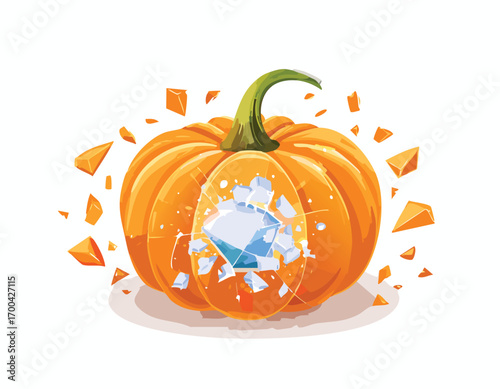 Orange pumpkin exploding with ice shards and fragments green stem