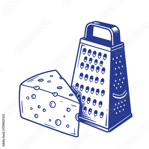 Blue line art illustration of cheese wedge and cheese grater on white background