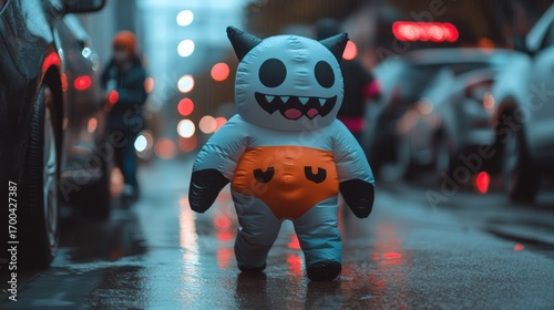 Wallpaper Mural Cute inflatable monster walking on city street during rainy evening with colorful lights Torontodigital.ca
