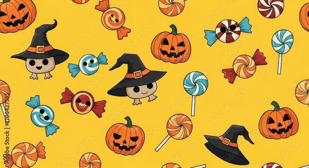 Fototapeta premium Seamless pattern with pumpkins, candies, and witch hats on yellow background