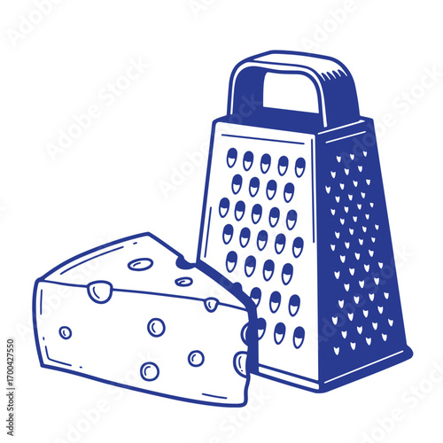 Blue outline illustration of cheese wedge and a grater isolated on white background