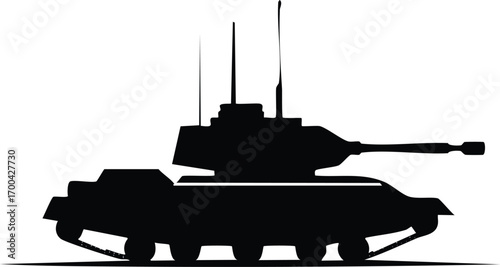 Black military armored vehicle with cannon and antennas tank weapon