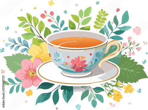 Floral teacup with amber liquid and decorative leaves saucer pink flowers