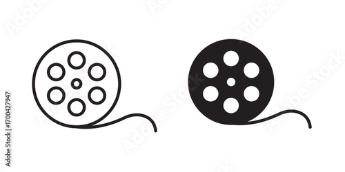 Film roll icon. Video Camera Film Tape Reel . Vector illustration with stroke and fill on a white background.