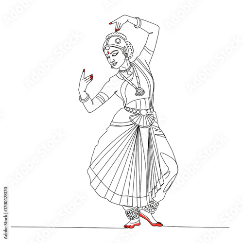 Black Line Art Illustration of a Woman Performing Bharatanatyam Dance, Elegant Minimalist Style on White Background, Emphasizing Traditional Pose and Movement
