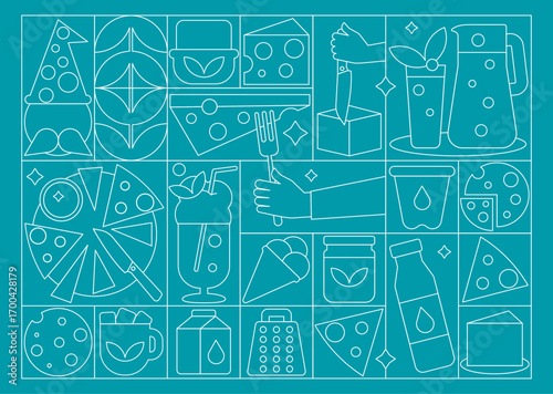Milk and Cheese illustration in Geometric Line art Style, Pattern, Seamless Prints