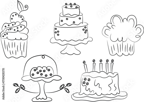 Cute vector illustration of a birthday cake set with various sweet desserts, cupcakes, and muffins decorated with cherries and cream for a celebration party