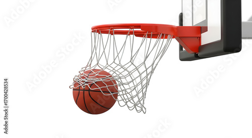 Orange basketball falls into a white net on a black background, for sports branding.
