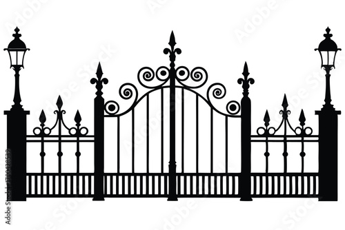Elegant Silhouette of Ornate Wrought Iron Gate with Decorative Lamps and FleurdeLis
