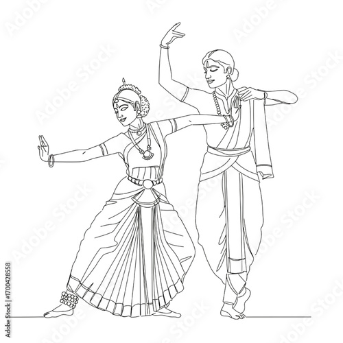 Black Line Art Illustration of a Woman and Man Performing Bharatanatyam Dance, Elegant Minimalist Style on White Background, Highlighting Traditional Poses and Movement