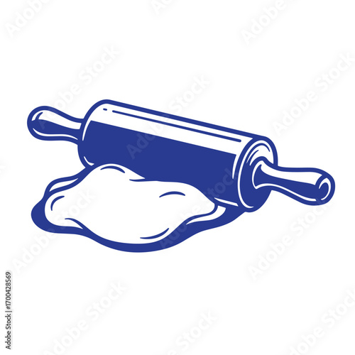 Blue vector illustration of a rolling pin and dough on white background