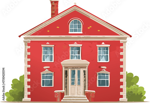 Red brick house with white trim and green bushes building