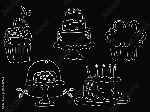 A sweet seamless vector pattern of a cartoon wedding and birthday cake set with cupcakes, muffins, and other pastry dessert icons