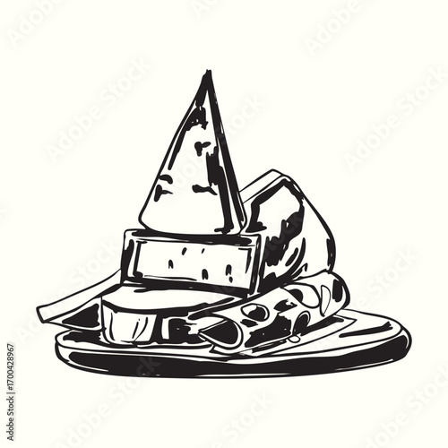 Vintage Black Parmesan Cheese Block and Slice Illustration