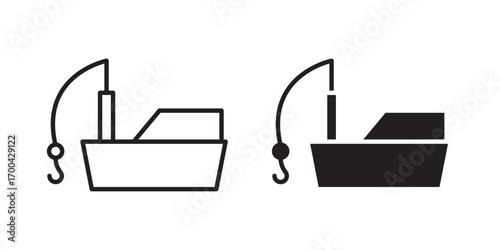 Fishing boat icon. with fisherman for hobby, lifestyle or recreation. Vector illustration with stroke and fill on a white background.