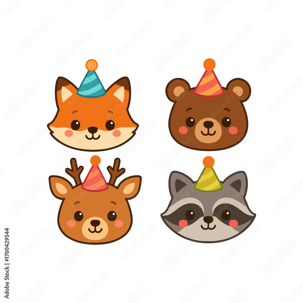 Fototapeta premium Cute woodland animal faces with party hats for kids' birthday design