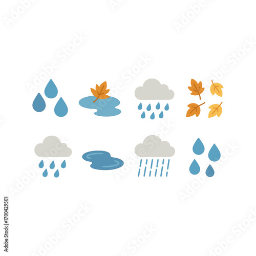 Autumn rainfall icons with clouds, leaves, and water drops for seasonal design
