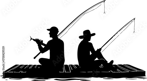 "Silhouette of Fisherman Celebrating Catch by Mountain Lake"